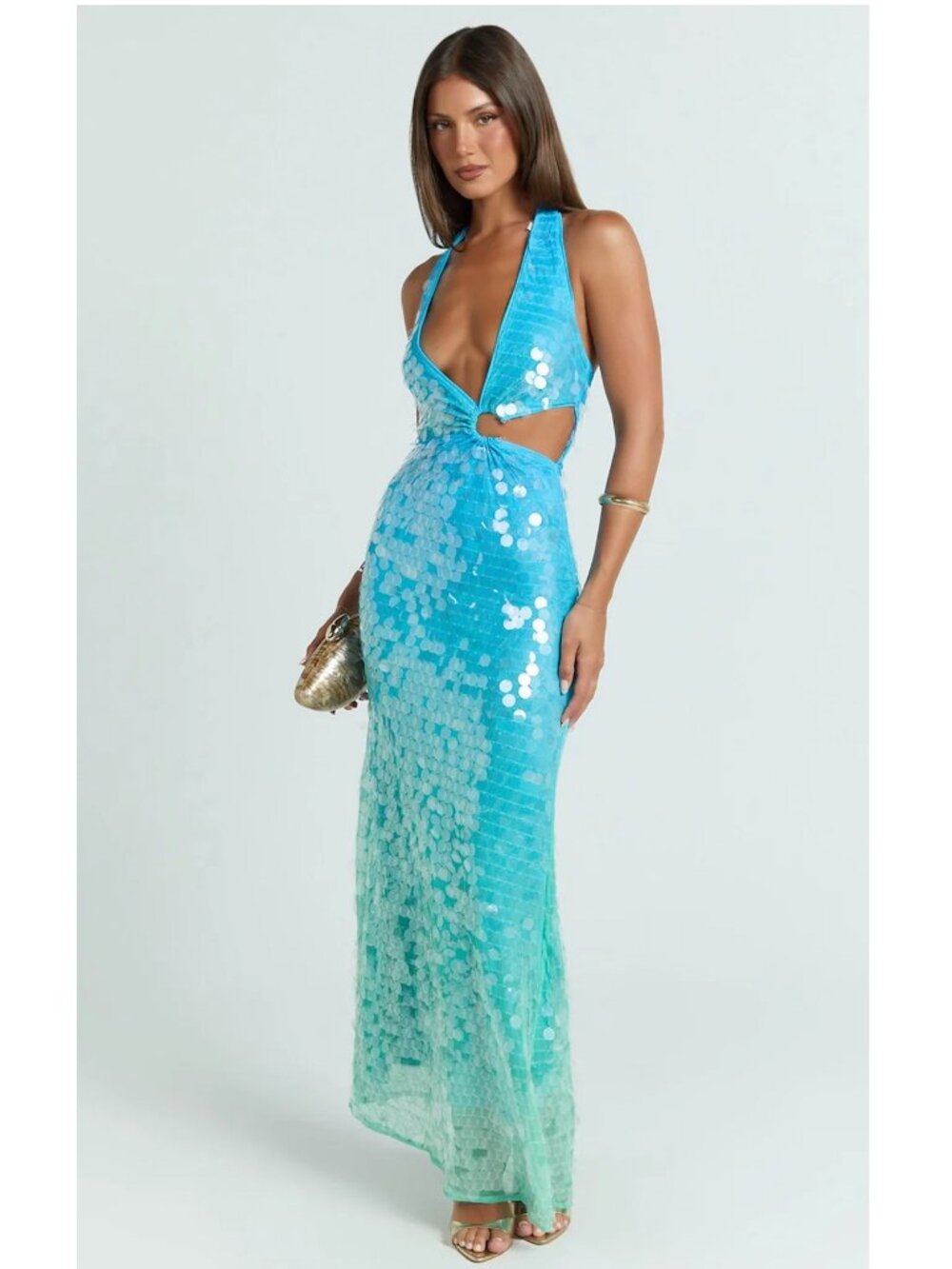 Aqua Ombre Sequin Halter Maxi Dress